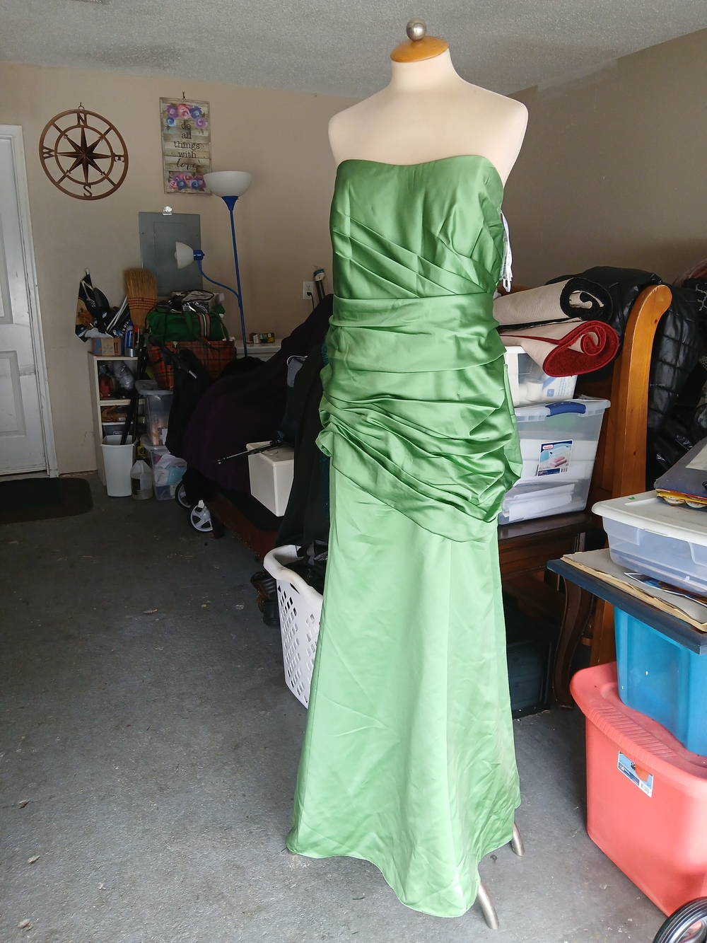 David's Bridal Strapless Satin Evening Gown in Green